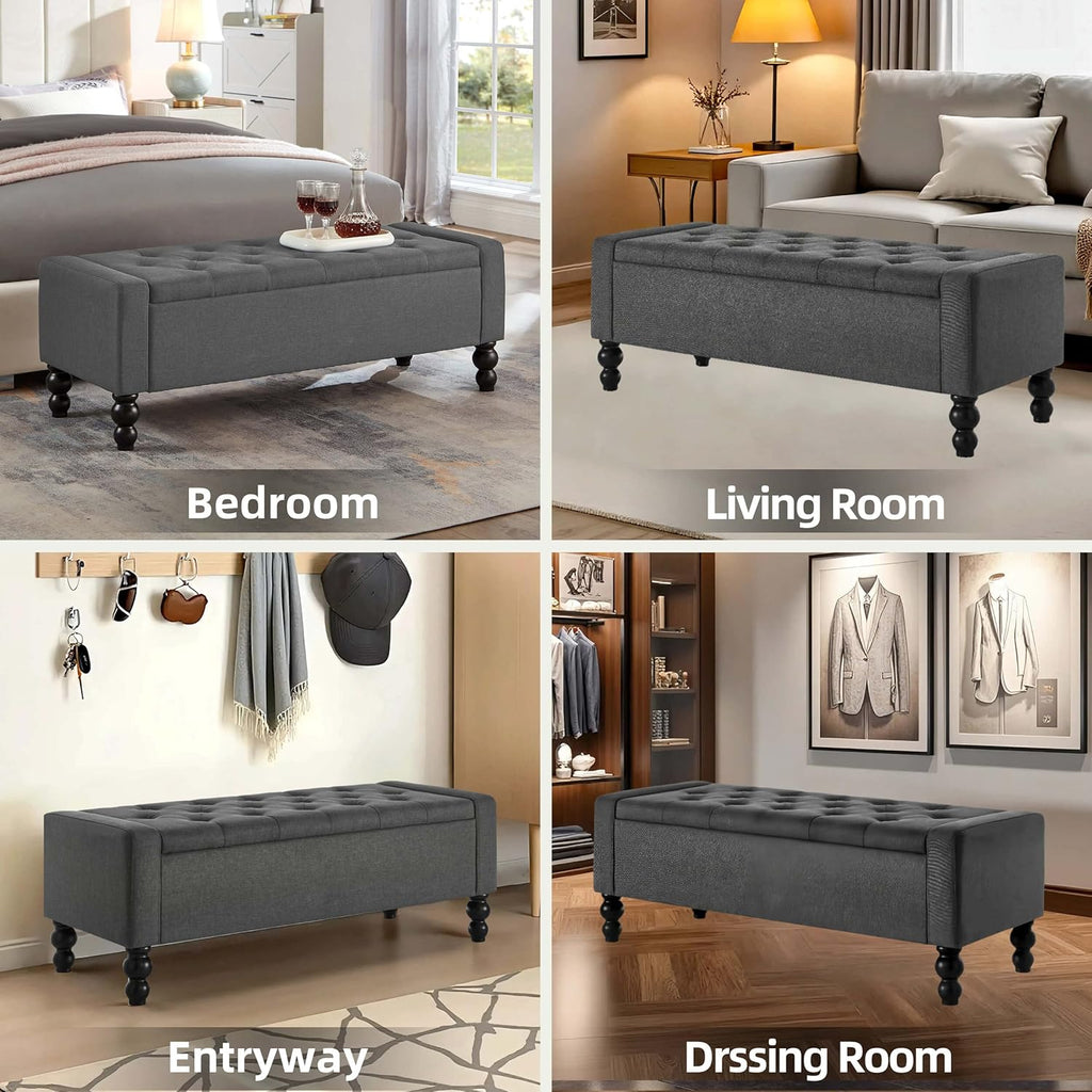 50" W Storage Ottoman Bench with Safety Hinge, Load up to 660 lb Ottoman with Storage, Upholstered Tufted Entryway Bench with Seating for Living Room, Bedroom, Entryway, Dark Gray