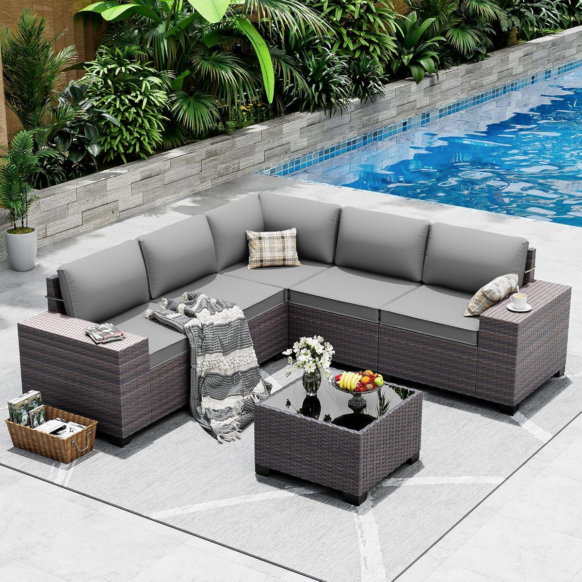 Outdoor Patio Furniture Set, 6 Pieces Outdoor Sectional Furniture High Backrest Patio Sofa, All-Weather PE Rattan Patio Conversation Set with Coffee Table & Cushions