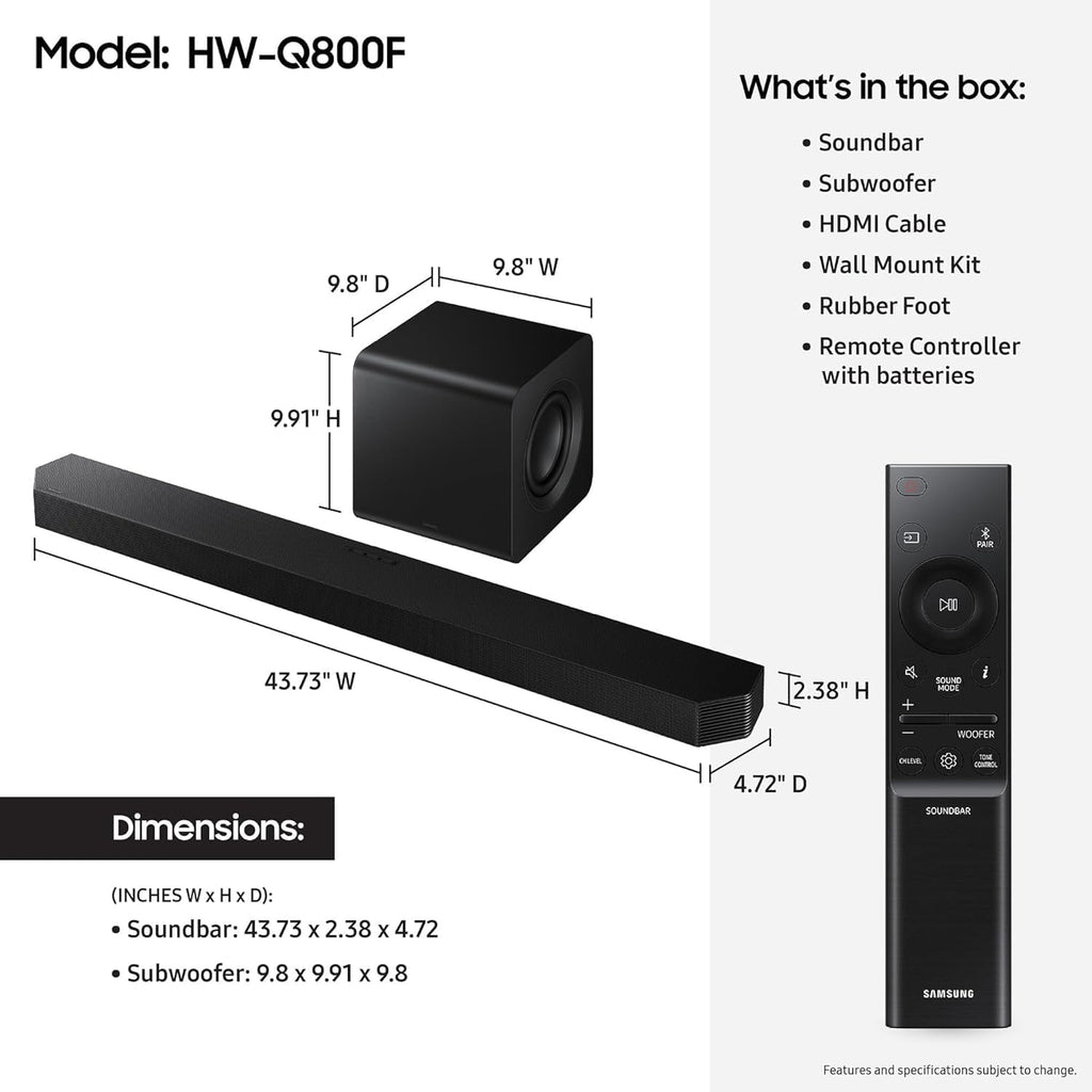 Samsung HW-Q800F 5.1.2ch Q Series Soundbar with Wireless Dolby Atmos, Game Mode Pro & Subwoofer, Q-Symphony, SpaceFit Sound Pro for Home Theater & Gaming