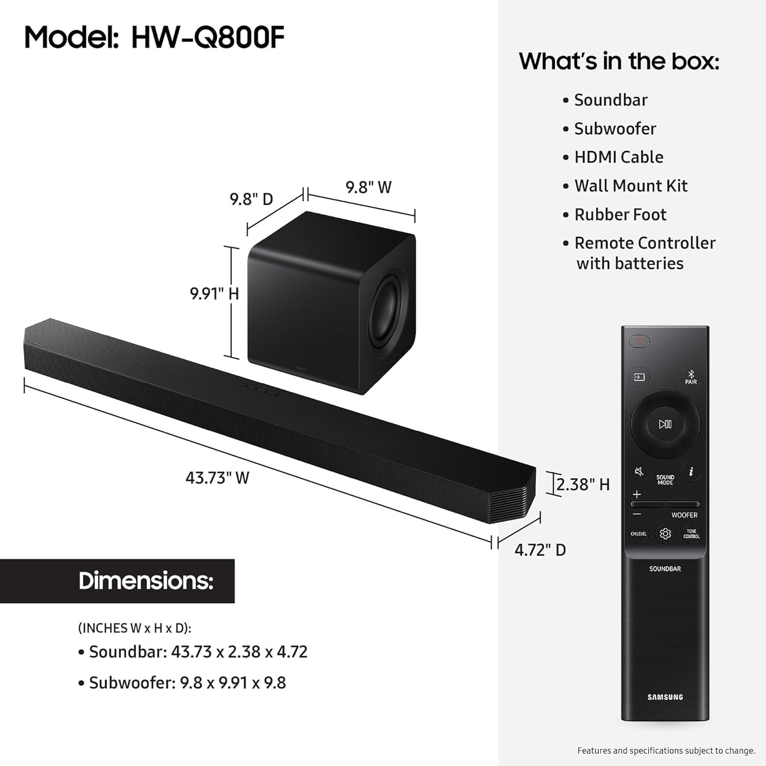 Samsung HW-Q800F 5.1.2ch Q Series Soundbar with Wireless Dolby Atmos, Game Mode Pro & Subwoofer, Q-Symphony, SpaceFit Sound Pro for Home Theater & Gaming