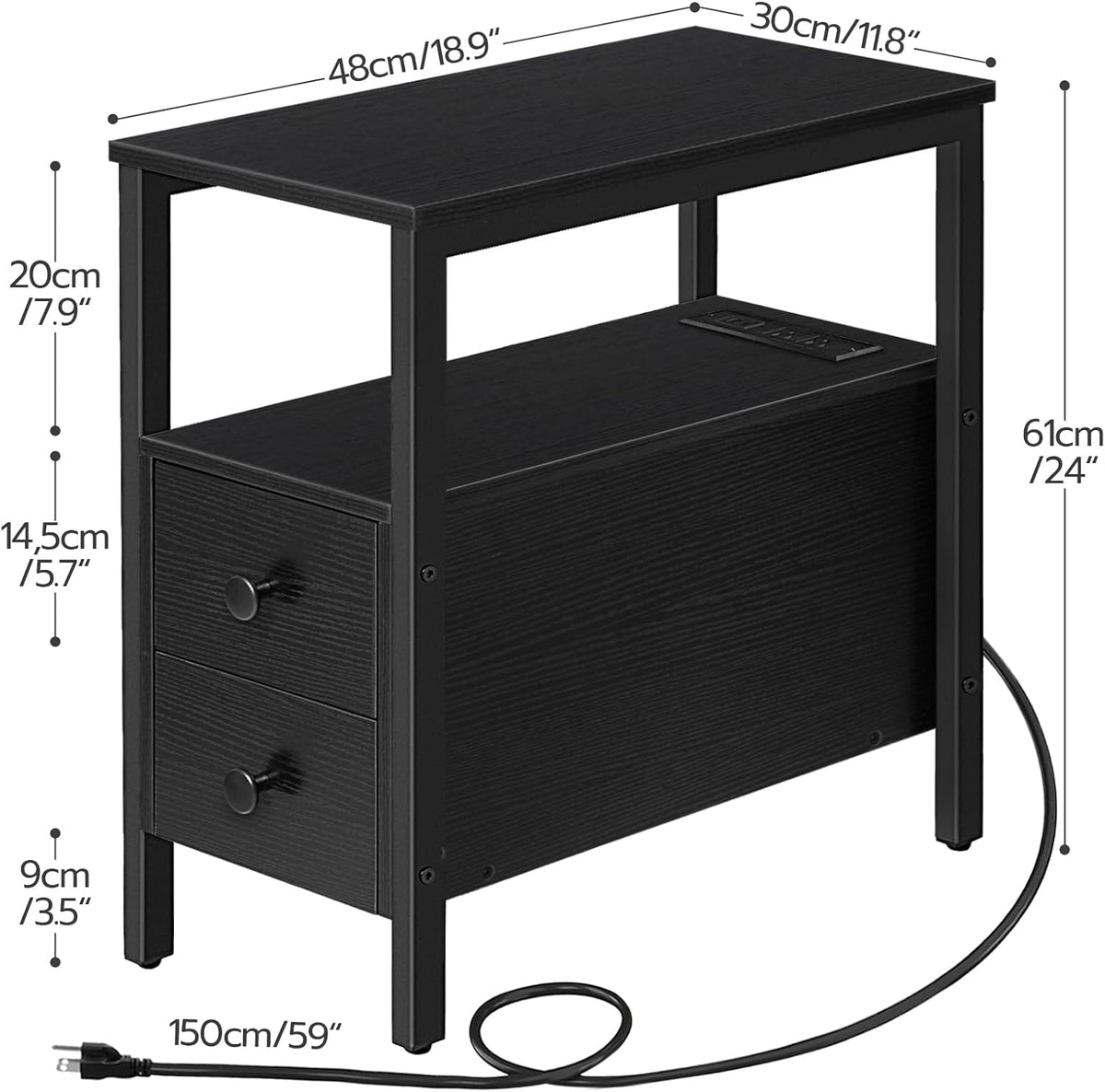HOOBRO Set of 2 End Tables with Charging Station, Narrow Side Table with Drawers & USB Port & Power Outlets, Nightstand for Small Spaces, Living Room, Stable and Sturdy, Black BK541BZP201