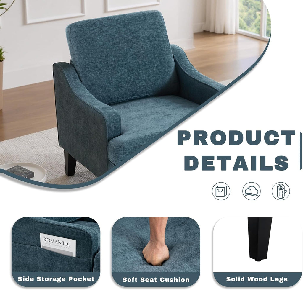 Set of 2 Accent Chair for Living Room,Mid-Century Arm Chair Chenille Fabric Living Room Chairs,Upholstered Reading Chair for Bedroom,Single Sofa Chair with Wood Legs for Apartment (Blue)
