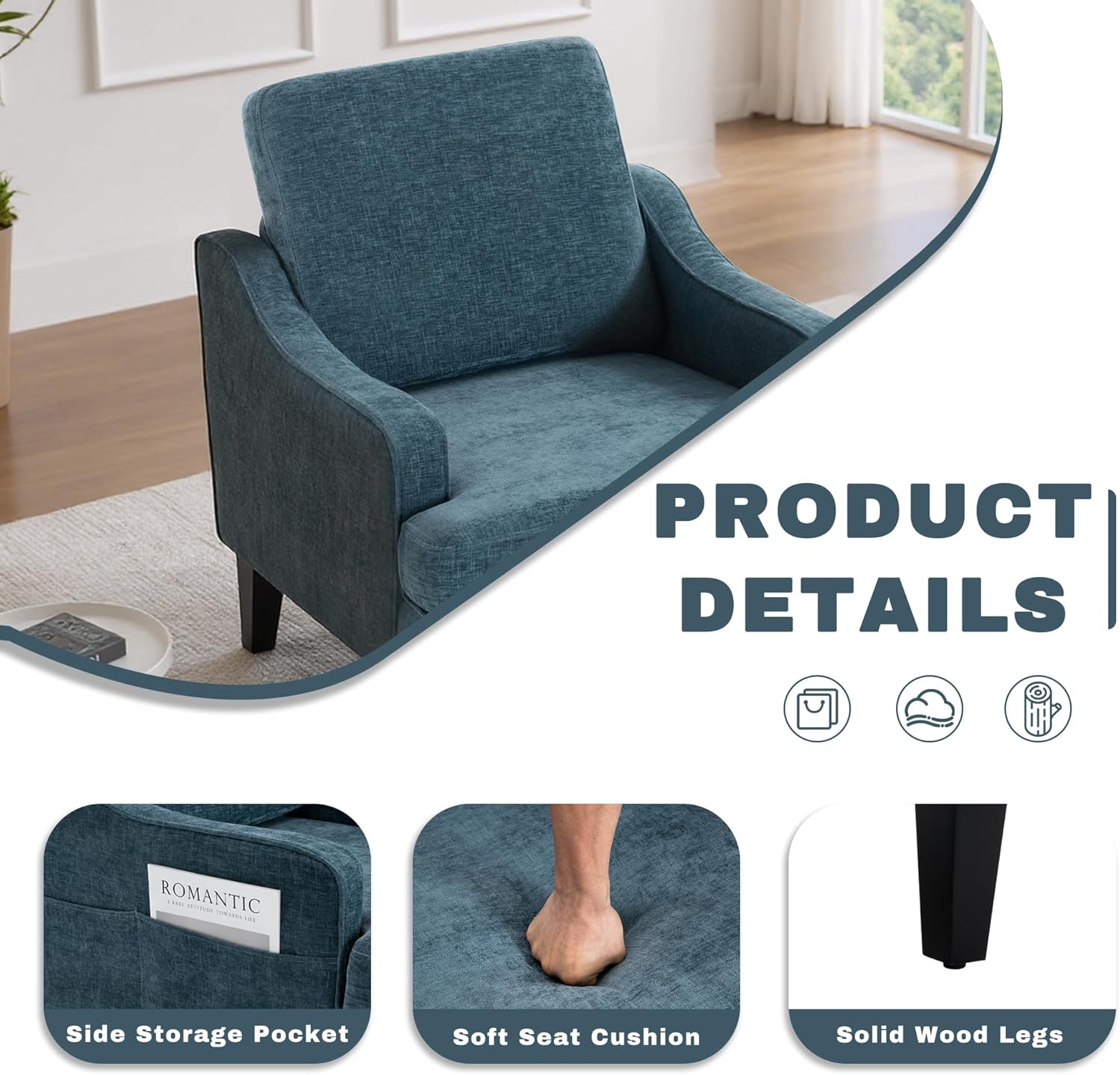 Set of 2 Accent Chair for Living Room,Mid-Century Arm Chair Chenille Fabric Living Room Chairs,Upholstered Reading Chair for Bedroom,Single Sofa Chair with Wood Legs for Apartment (Blue)
