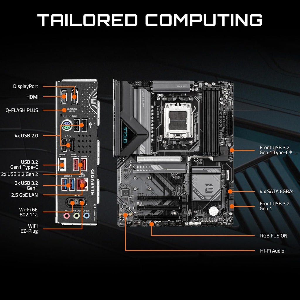 GIGABYTE B650E Eagle WIFI6E AMD AM5 ATX Motherboard, Supports Ryzen 9000/8000/7000 Series, DDR5, 8+2+2 Power Phase, 3X M.2, PCIe 5.0, USB-C 3.2 Gen 1, Wi-Fi 6E, 2.5GbE, Q-Flash, EZ-Latch, RGB Fusion