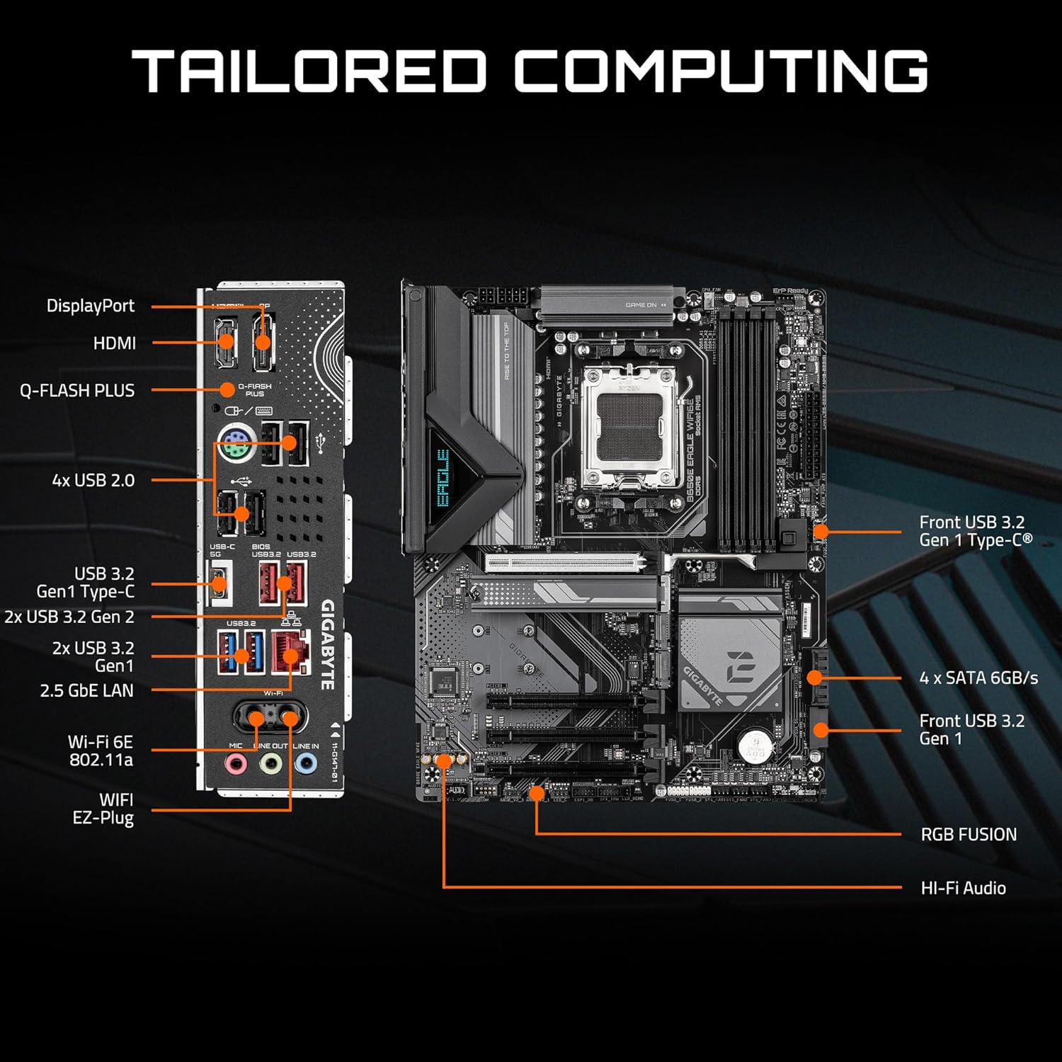 GIGABYTE B650E Eagle WIFI6E AMD AM5 ATX Motherboard, Supports Ryzen 9000/8000/7000 Series, DDR5, 8+2+2 Power Phase, 3X M.2, PCIe 5.0, USB-C 3.2 Gen 1, Wi-Fi 6E, 2.5GbE, Q-Flash, EZ-Latch, RGB Fusion