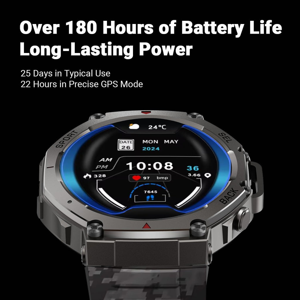 Outdoor GPS Smartwatch, 1.43" AMOLED Display, Titanium Alloy, 5ATM Waterproof, 22-Day Battery, 170+ Sport Modes, Compass, Heart Rate/SpO2/Stress/Sleep Monitor, for Android iOS Men Women (Camo Gray)