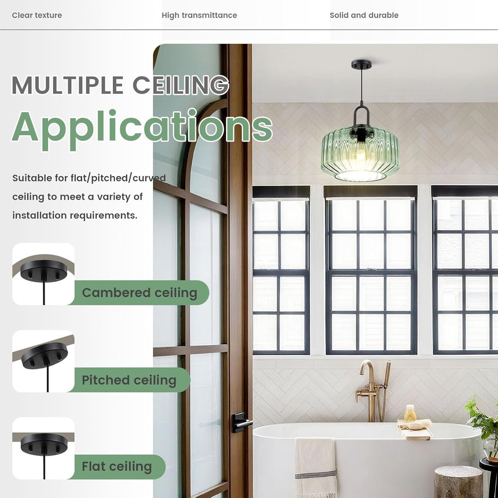 Modern Hanging Lights Light Green Pendant Light Fixtures Mid Century Large Glass Pendant Lights 11" Striped Glass Shade Black Schoolhouse Ceiling Light Fixture Kitchen Hanging Lamp
