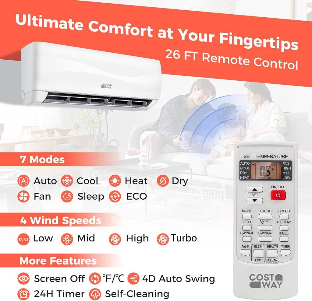 COSTWAY 18000BTU Mini Split Air Conditioner& Heater, 19 SEER2 208-230V Wall-Mounted Ductless AC Unit Cools Rooms up to 1250 Sq. Ft, Energy Efficient Inverter AC w/Heat Pump (Blast Series)