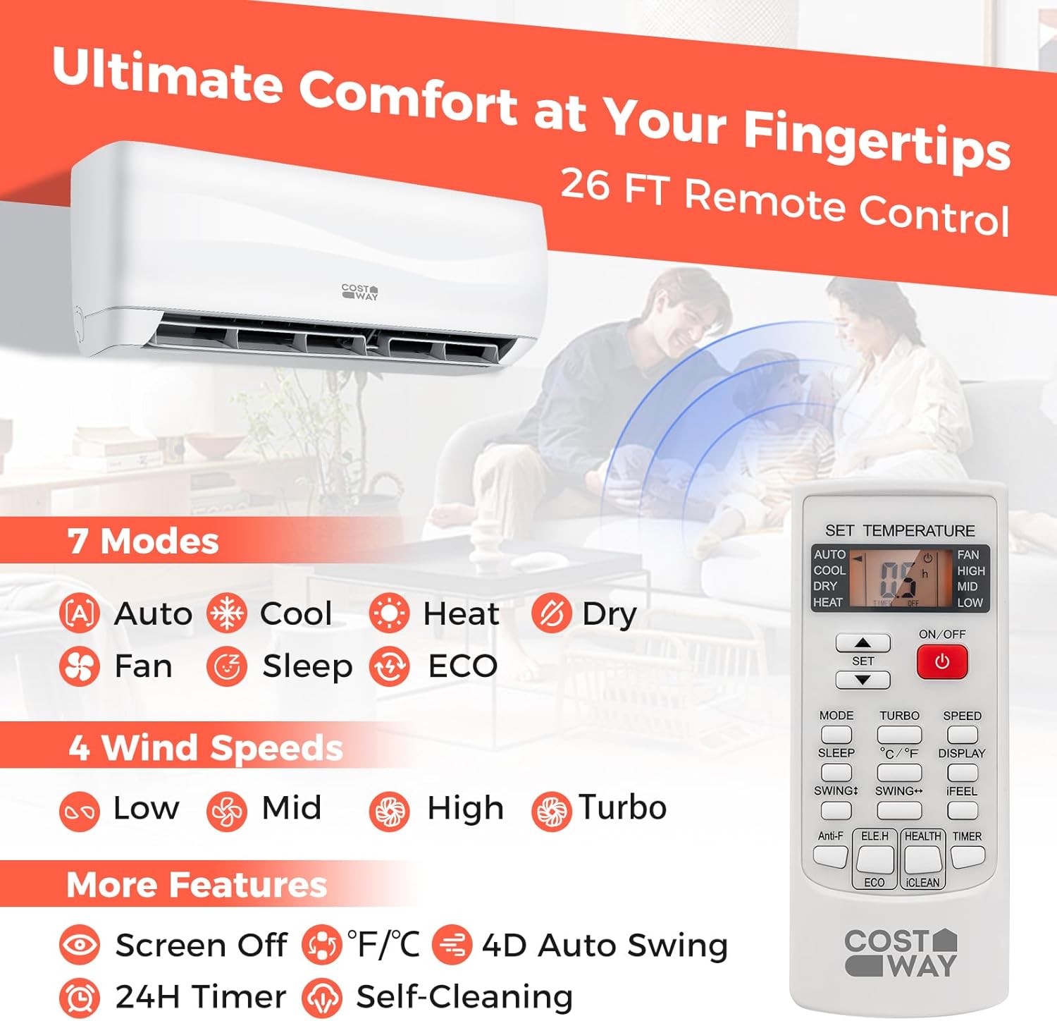 COSTWAY 18000BTU Mini Split Air Conditioner& Heater, 19 SEER2 208-230V Wall-Mounted Ductless AC Unit Cools Rooms up to 1250 Sq. Ft, Energy Efficient Inverter AC w/Heat Pump (Blast Series)
