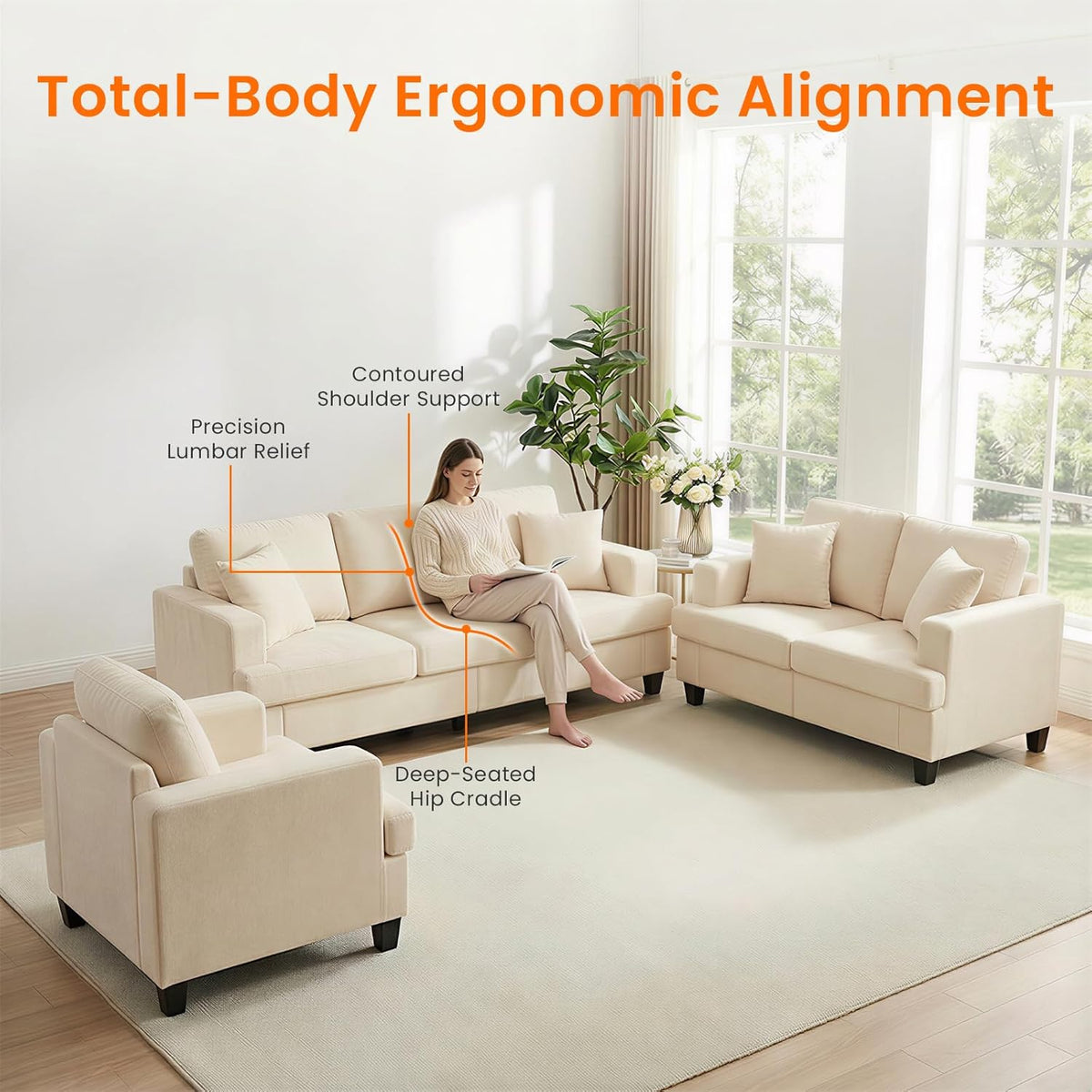ijuicy 6 Seat Chenille Sectional Sofa Set for Living Room Furniture Set,3 PCS Modern Couch Set,82" Width 3 Seat Couch & Loveseat & Armchair with Solid Wood Legs and Thick Cushion(3+2+1Seat/Beige)