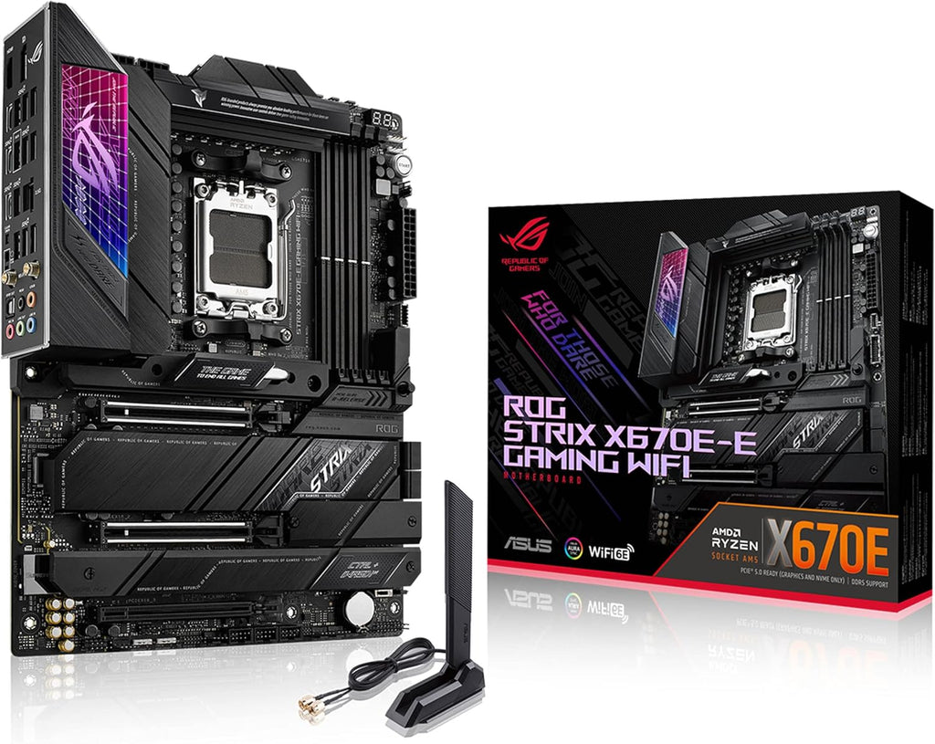 ASUS ROG STRIX X670E-E GAMING WIFI AMD X670 AM5 Ryzen™ Desktop 9000 8000 & 7000 ATX motherboard, 18+2 power stages, DDR5, 4x M.2 slots with heatsink, PCIe® 5.0, USB 3.2 Gen 2x2, WiFi 6E, AI Cooling II