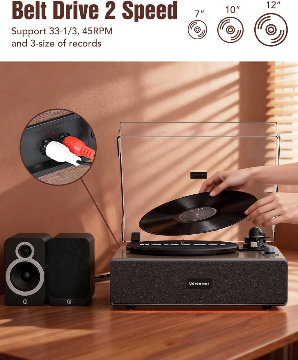 Udreamer Vinyl Record Player with Bluetooth Input, All-in-One Turntable with Built-in Speakers, AT-3600L Cartridge, Belt Drive 33/45 RPM, Auto Stop, Adjustable Lighting