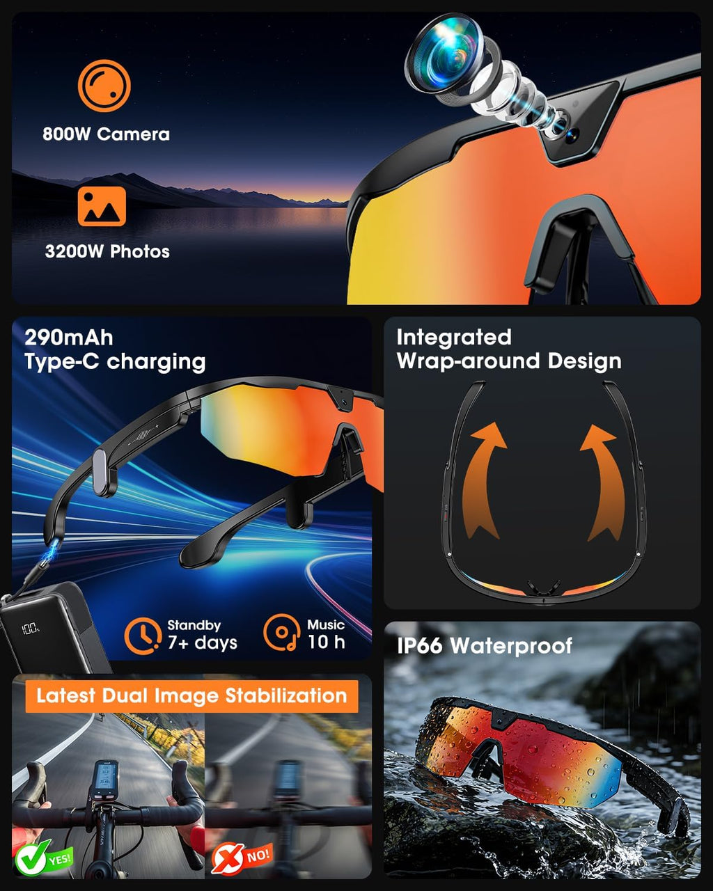 Mingtawn Smart Glasses with 4K HD Anti-Shake Camera & 3D Stereo Speakers | Polarized UV400 Sports Sunglasses | Bluetooth AI Glasses for Outdoor Video, Photos & Music | HiFi Audio Action Camera (Black)