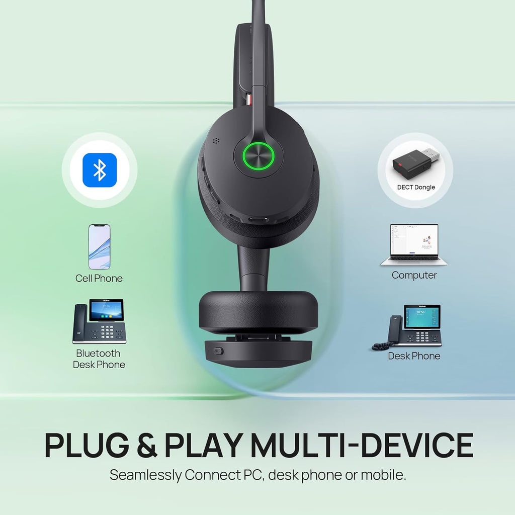 Yealink WH68 Hybrid DECT 6.0 & Bluetooth Wireless Headset with Charging Stand, Enterprise Grade ANC Office Headphones, 492ft Range, 6-Mic Noise Cancelling for Teams, Zoom, UC, PC/Smartphone, 32H Call