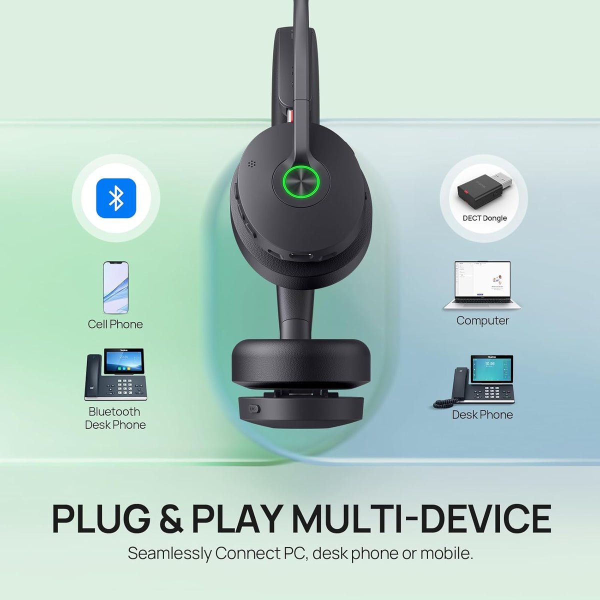 Yealink WH68 Hybrid DECT 6.0 & Bluetooth Wireless Headset with Charging Stand, Enterprise Grade ANC Office Headphones, 492ft Range, 6-Mic Noise Cancelling for Teams, Zoom, UC, PC/Smartphone, 32H Call