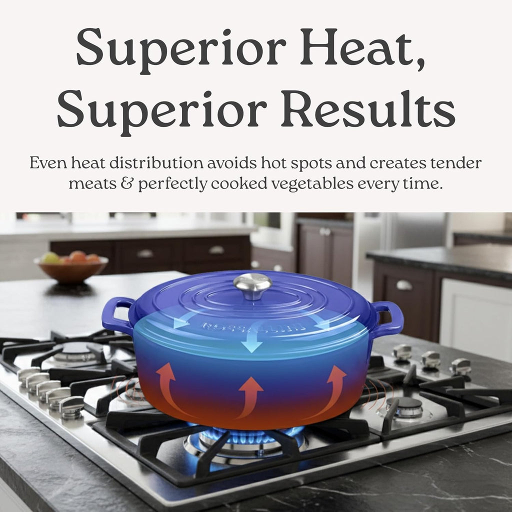 ROSSALLINI Signature Enameled Cast Iron Oval Dutch Oven | Non-Stick Serving Pot with Tight Fitting Lid for Perfect Roasting, Baking, Sauteing, and Bread Making | 5Q Red