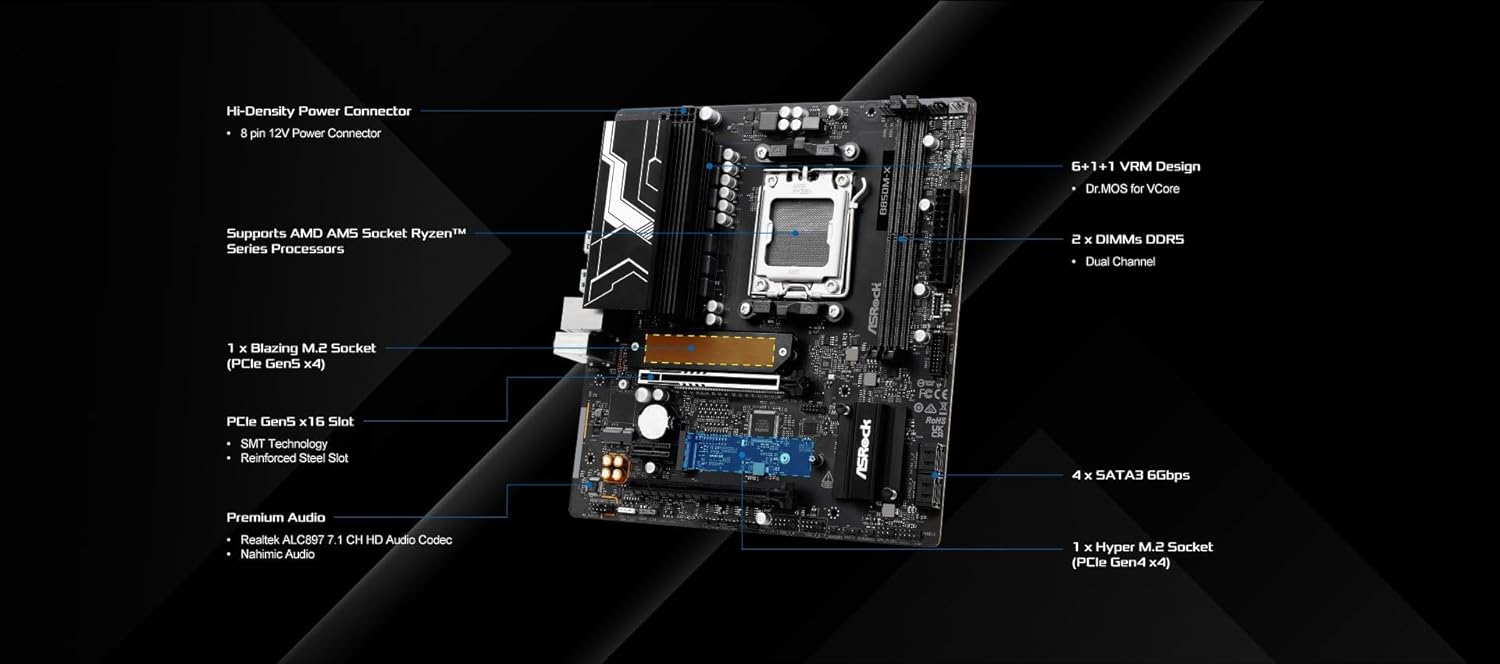 ASRock B850M-X R2.0 Micro-ATX AM5 Motherboard, AMD Ryzen 9000/8000/7000 Support, DDR5 8200+ OC, PCIe 5.0, 2.5G LAN, 6+1+1 Power Phase, BIOS Flashback