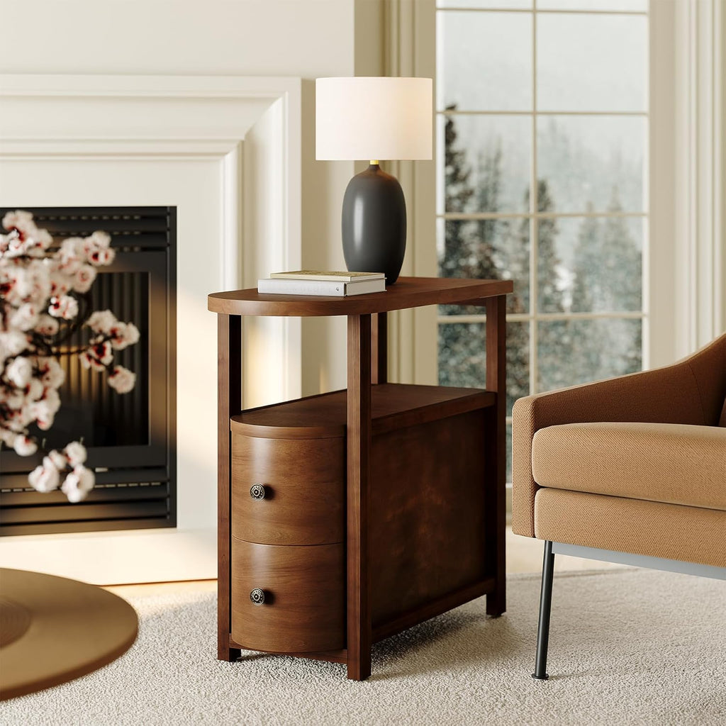 LITTLE TREE Solid Wood End Table with 2 Drawers & Open Shelf, No Assembly Required Side Table for Living Room, Vintage Brown Couch Side Tables, Slim Bedside Table Nightstand for Bedroom