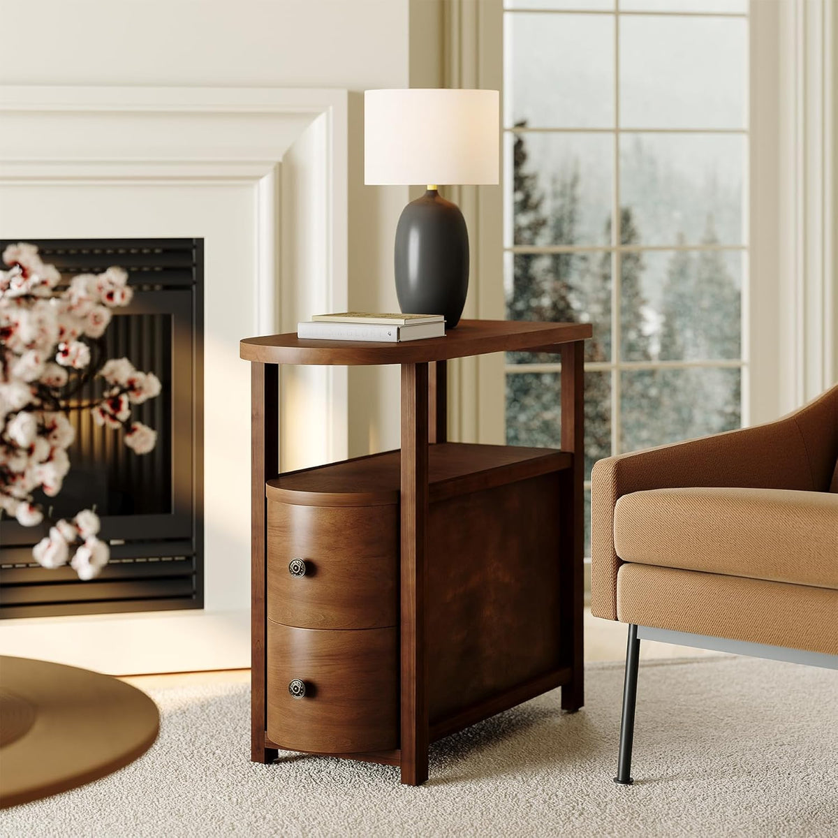 LITTLE TREE Solid Wood End Table with 2 Drawers & Open Shelf, No Assembly Required Side Table for Living Room, Vintage Brown Couch Side Tables, Slim Bedside Table Nightstand for Bedroom