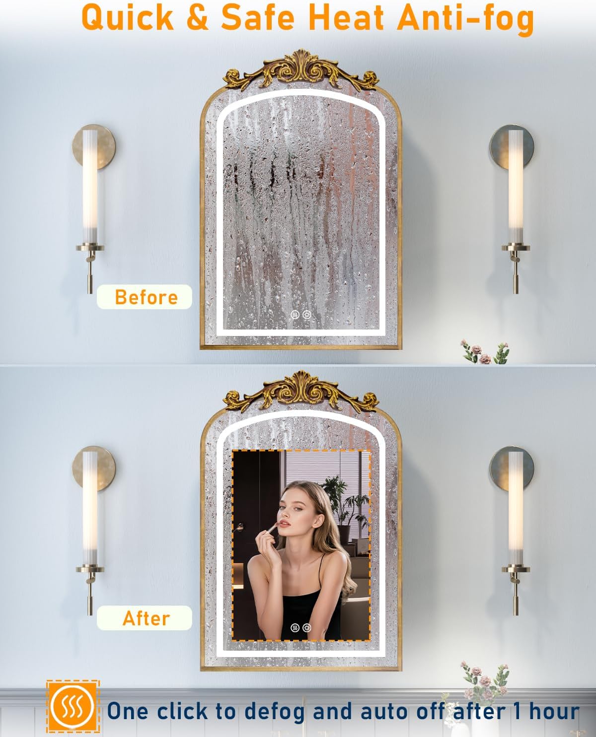 20"x30" LED Bathroom Medicine Cabinet with Mirror and Lights, Bronze Hand-Painted Baroque Bathroom Storage with Mirror, Recessed / Wall Mounted, Dimmable 3 Color Lighting Anti-fog ( with 1 Organizer)