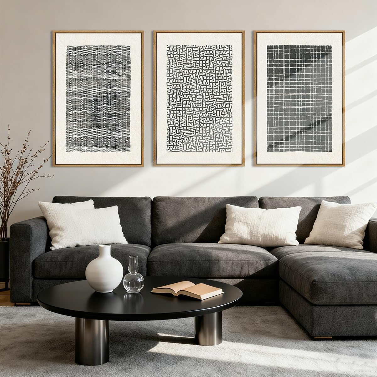 BINCUE Abstract Line Wall Art Set of 3 Modern Neutral Black Wall Decor Geometric Minimalist Artwork Framed Black Wall Pictures Abstract Black Wall Art Neutral Minimalist Artprints for Living Room Bedroom Office Bathroom 24"x36" Gift