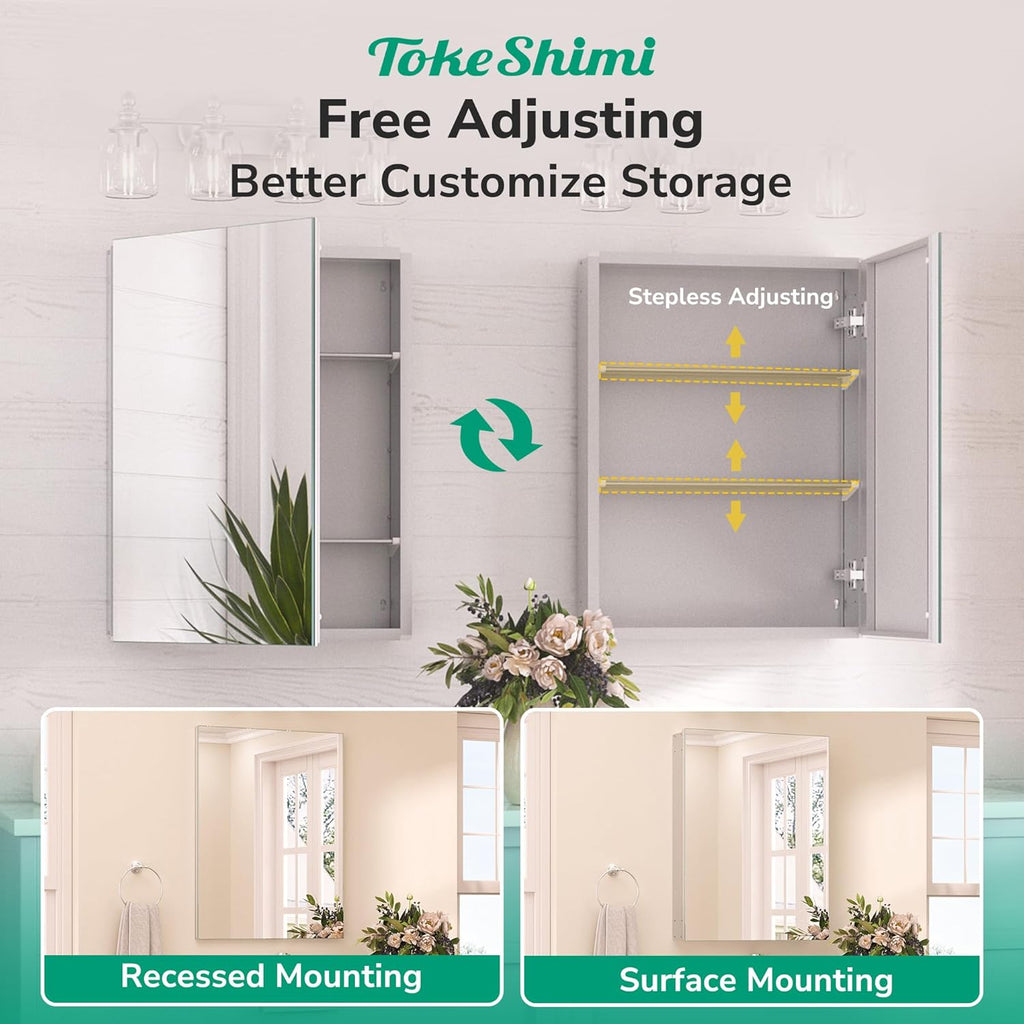 TokeShimi 24x32 Mirrored Medicine Cabinet Recessed or Wall Mount, Aluminum Tempered Silver Bathroom Medicine Cabinet with Mirror with Stepless Adjustable Storage Metal for Modern Farmhouse