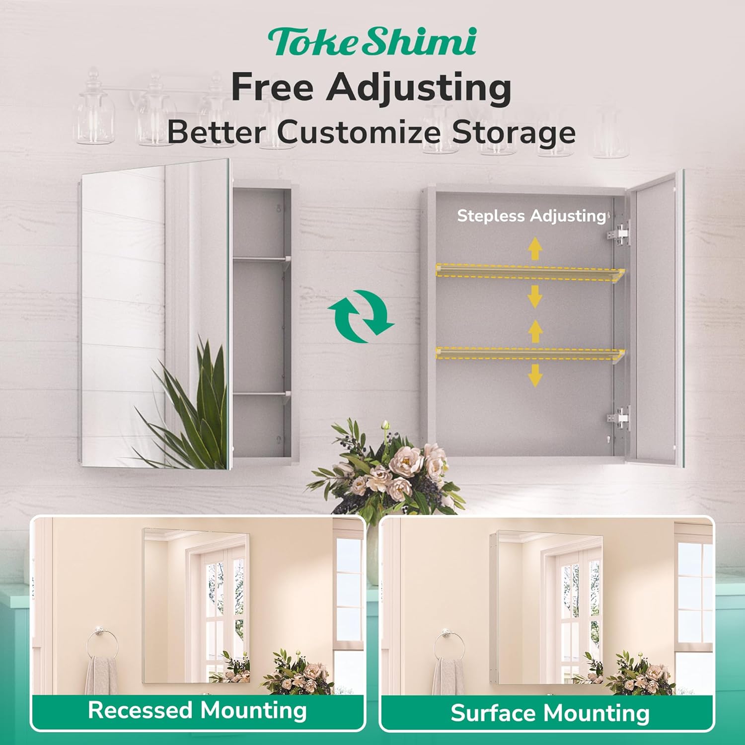 TokeShimi 24x32 Mirrored Medicine Cabinet Recessed or Wall Mount, Aluminum Tempered Silver Bathroom Medicine Cabinet with Mirror with Stepless Adjustable Storage Metal for Modern Farmhouse