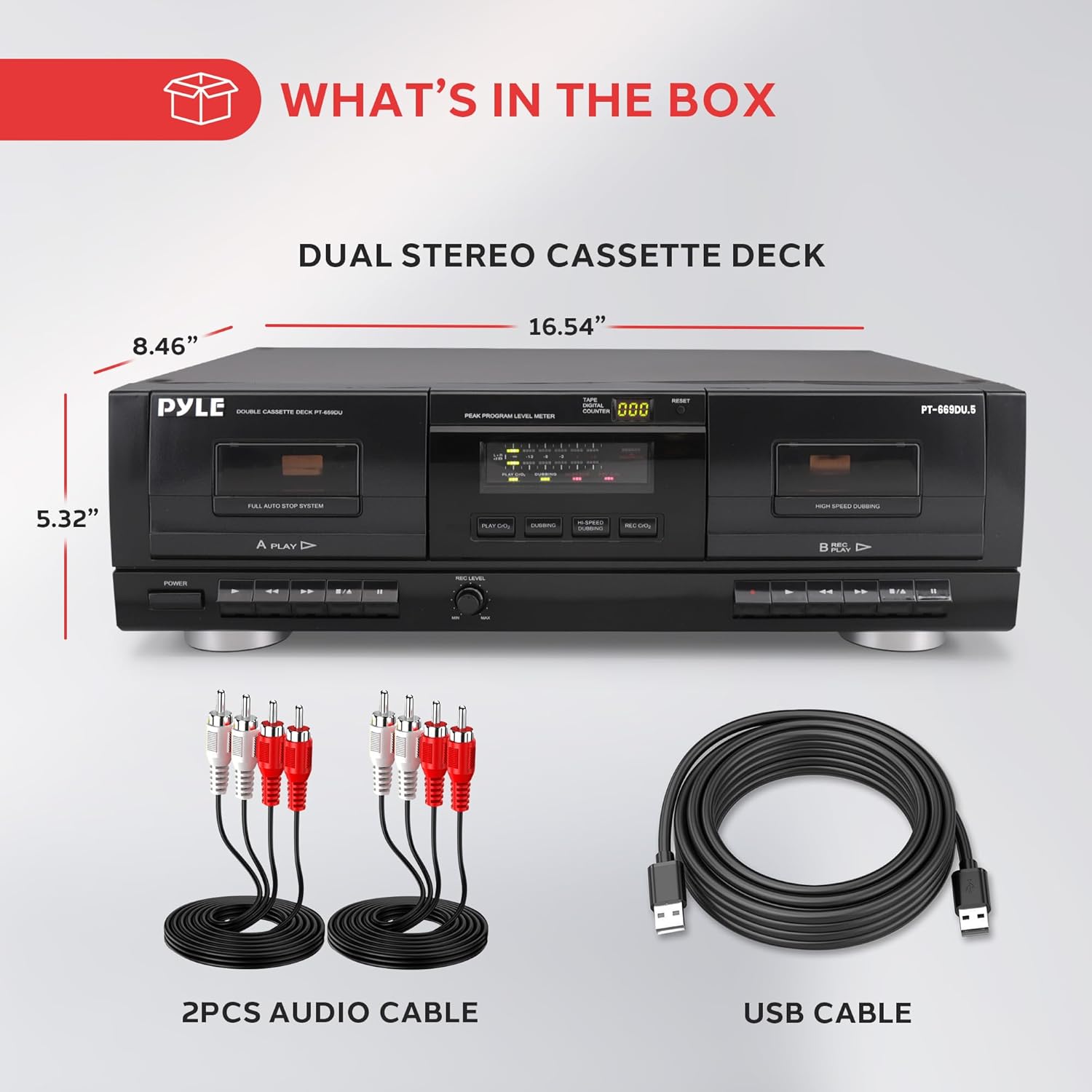 Pyle Dual Stereo Cassette Tape Deck - Clear Audio Double Player Recorder System w/ MP3 Music Converter, RCA for Recording, Dubbing, USB, Retro Design - For Standard / CrO2 Tapes, Home Use - PT659DU
