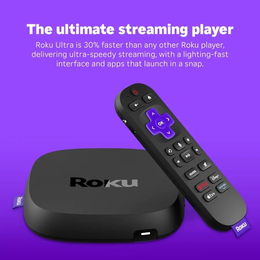 Roku Ultra Ultimate Streaming Player, 4K Streaming Device for TV, Dolby Vision & Atmos, HDR10+, Rechargeable Voice Remote Pro, Bluetooth & Wi-Fi 6, Backlit Buttons, with USB Extension Cord and HDMI