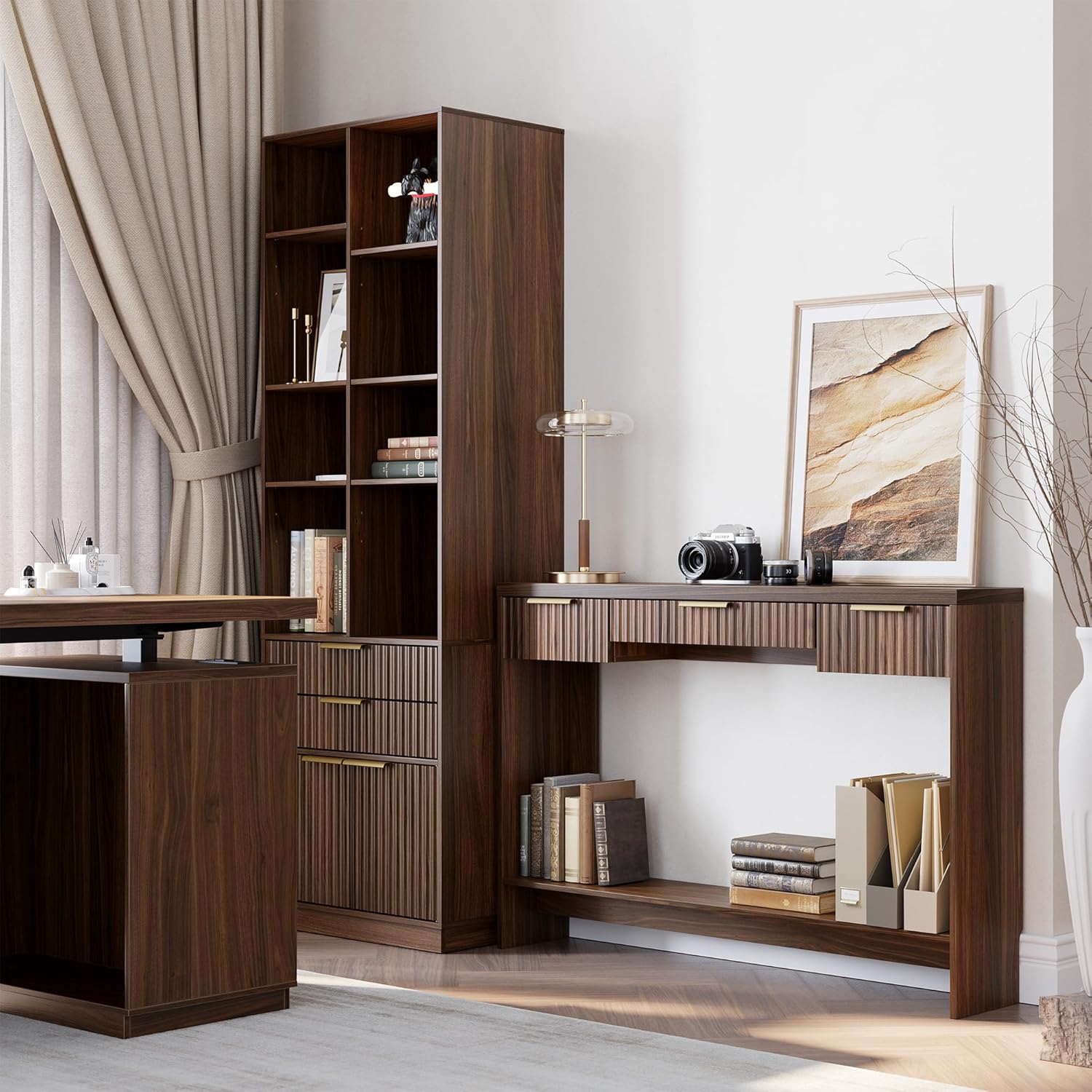 Console Sofa Table .3 Drawer Entryway Table with Open Storage Shelf, Narrow Long Behind Couch Sofa Table for Living Room .Black Walnut