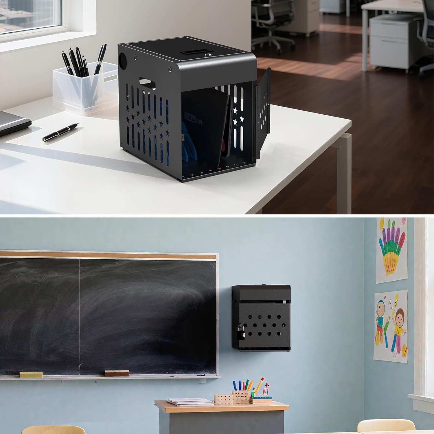 8 Tablet Charging Station Lock Box - Fits 14" Screen, Steel Case & Lockable Door,2 Keys Included - for Chromebook,ipads,Laptop and Tablets - Ideal for Offices, Classrooms and Hospitals(Black)