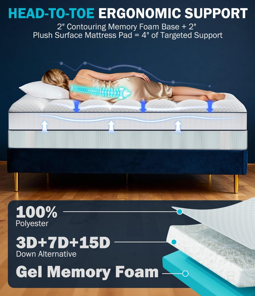 Dual Layer 4 Inch Memory Foam Mattress Topper Queen Size, 2" Cooling Gel Memory Foam & 2" Pillow Top Bed Topper, CertiPUR-US Mattress Cover for Pressure Relief, 21" Deep Pocket, White