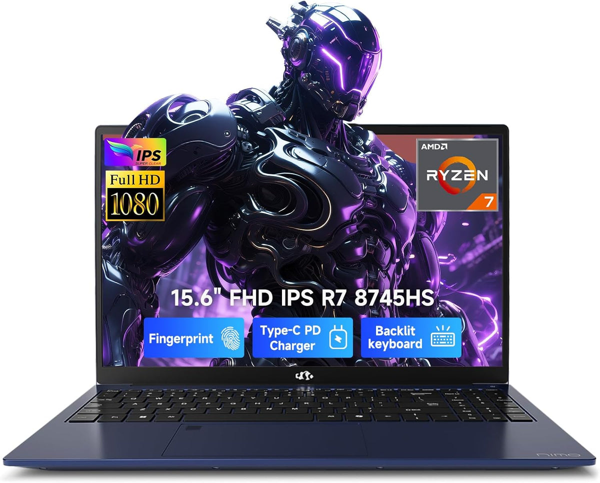 NIMO 15.6" FHD-Business-Laptop, 8 Cores AMD Ryzen 7 8745HS 16GB RAM 512GB SSD (Up to 4.9GHz, Beat R9 7940HS), Radeon-780M, 100W Fast PD for Creators & Professionals Work/Gaming, 2-Year Warranty