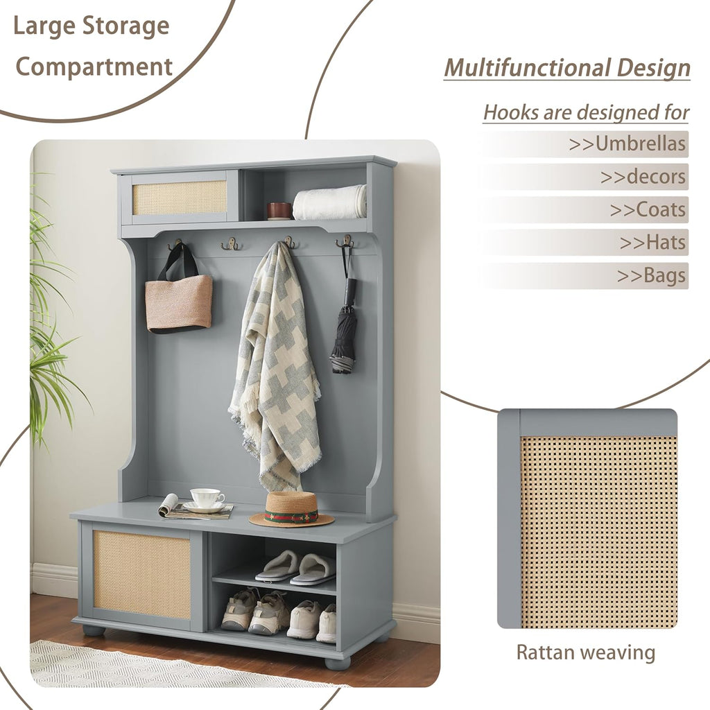 Wacfc Coat Hall Tree with Rattan Door, Clothes Hanger Hall Tree, Clothes Rack with Shoe Storage Bench, Coat Hook and Storage Open Shelf for Entryway Living Room, Gray