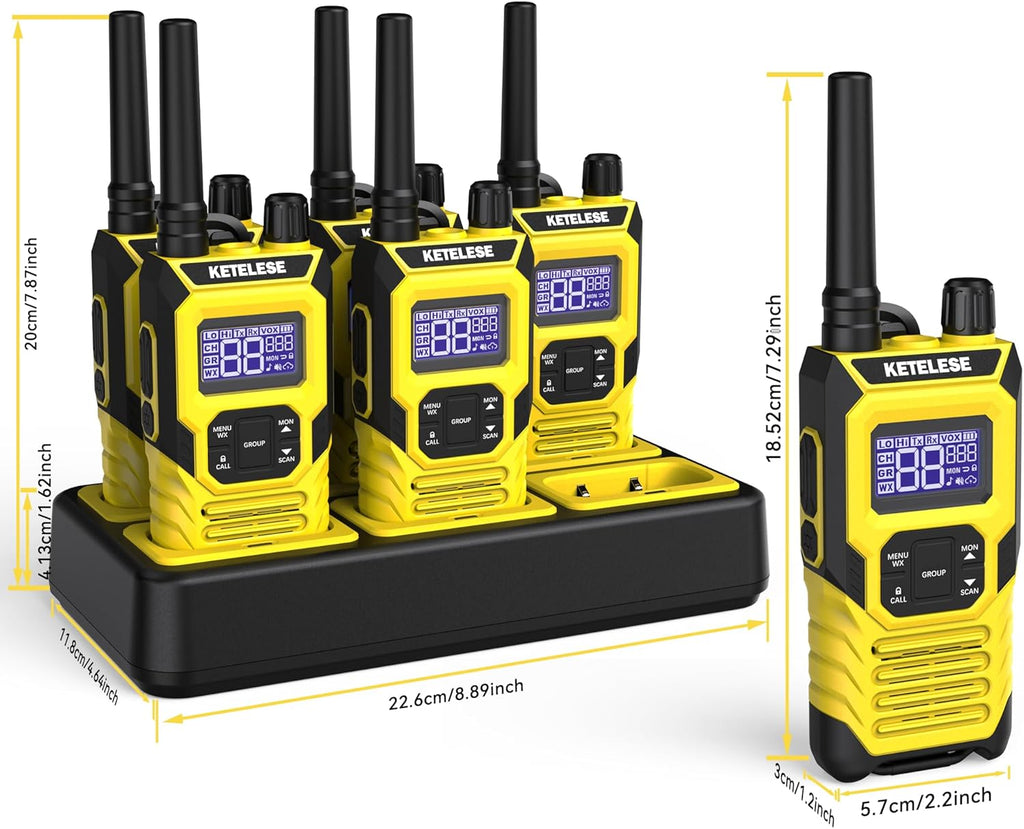 KETELESE T4 Two Way Radio with Earpiece and Mic, FRS 22 Channel Walkie Talkie Long Range, IP67 Waterproof Walkie Talkies, Weather Alert, PTT Group, VOX, Yellow, 6Pack