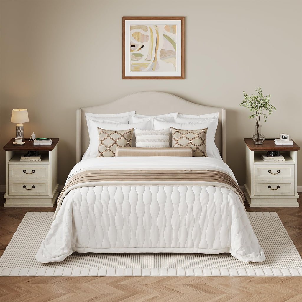 knoword 18'' Wide Farmhouse Nightstands with Charging Station, Wood Square Nightstand with 2 Large Drawers, Bedside Table, Rustic End Table for Bedroom, White