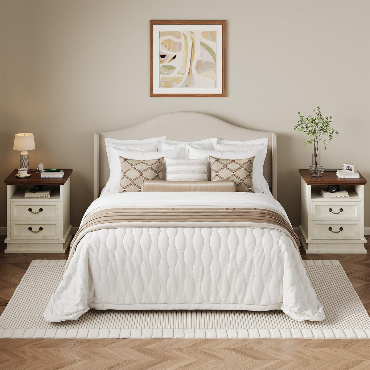 knoword 18'' Wide Farmhouse Nightstands with Charging Station, Wood Square Nightstand with 2 Large Drawers, Bedside Table, Rustic End Table for Bedroom, White