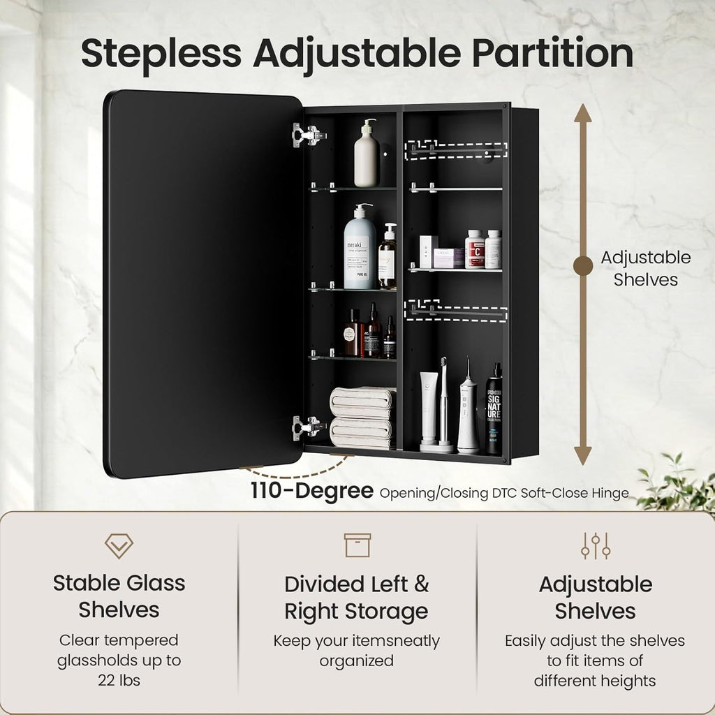 Bathroom Medicine Cabinet with Mirror, 20x30 Inch Recessed or Surface Mount Wall Organizer, Fits Tall Bottles, 6 Adjustable Glass Shelves, Soft Close DTC Hinges, Matte Black, Pre-Assembled