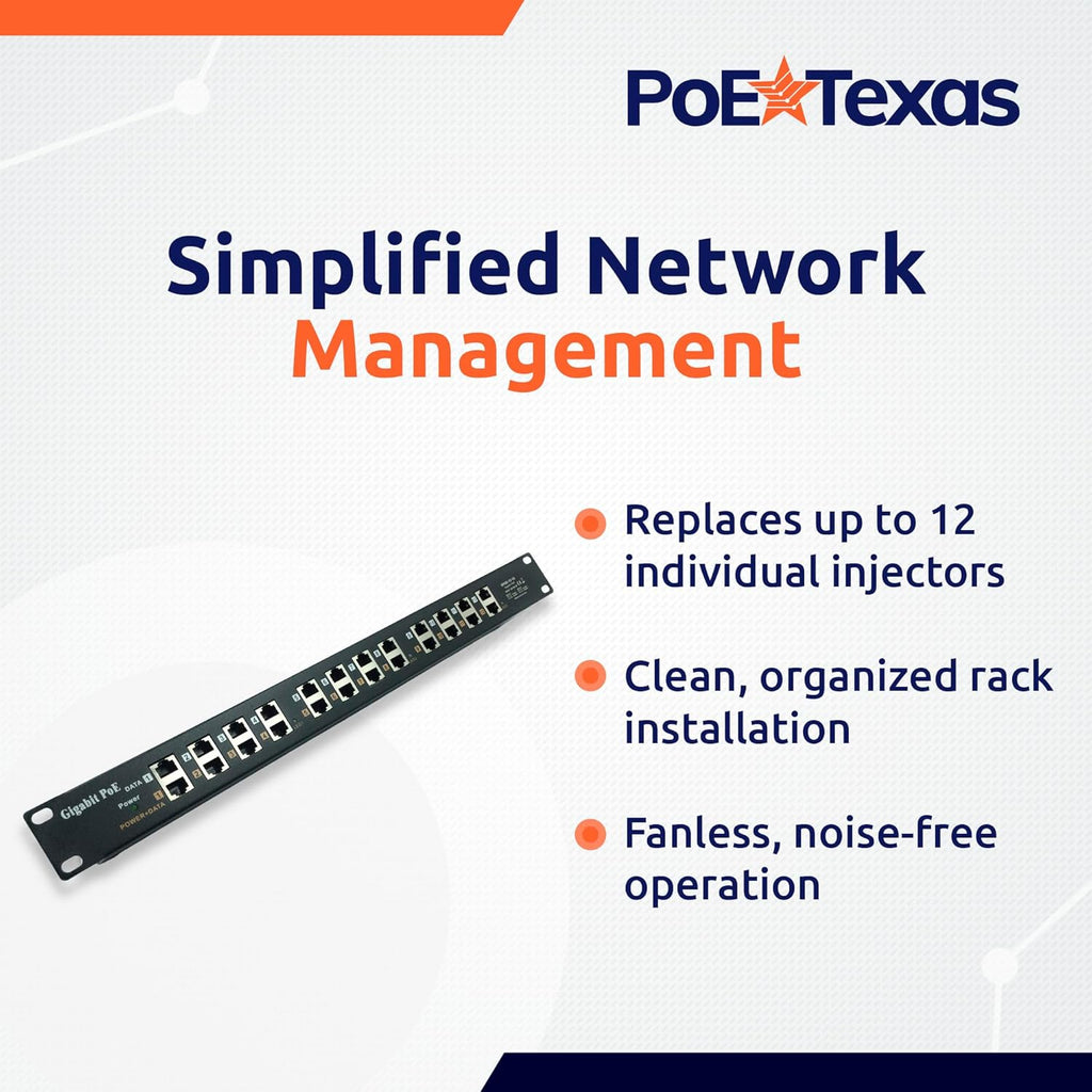PoE Texas 12 Port Gigabit PoE Injector - Passive Power Over Ethernet Midspan Injector with 48 Volt 60 Watt Power Supply for 802.3af/at Devices - Mode A/B for IP Cameras, Phones, WiFi Access Points