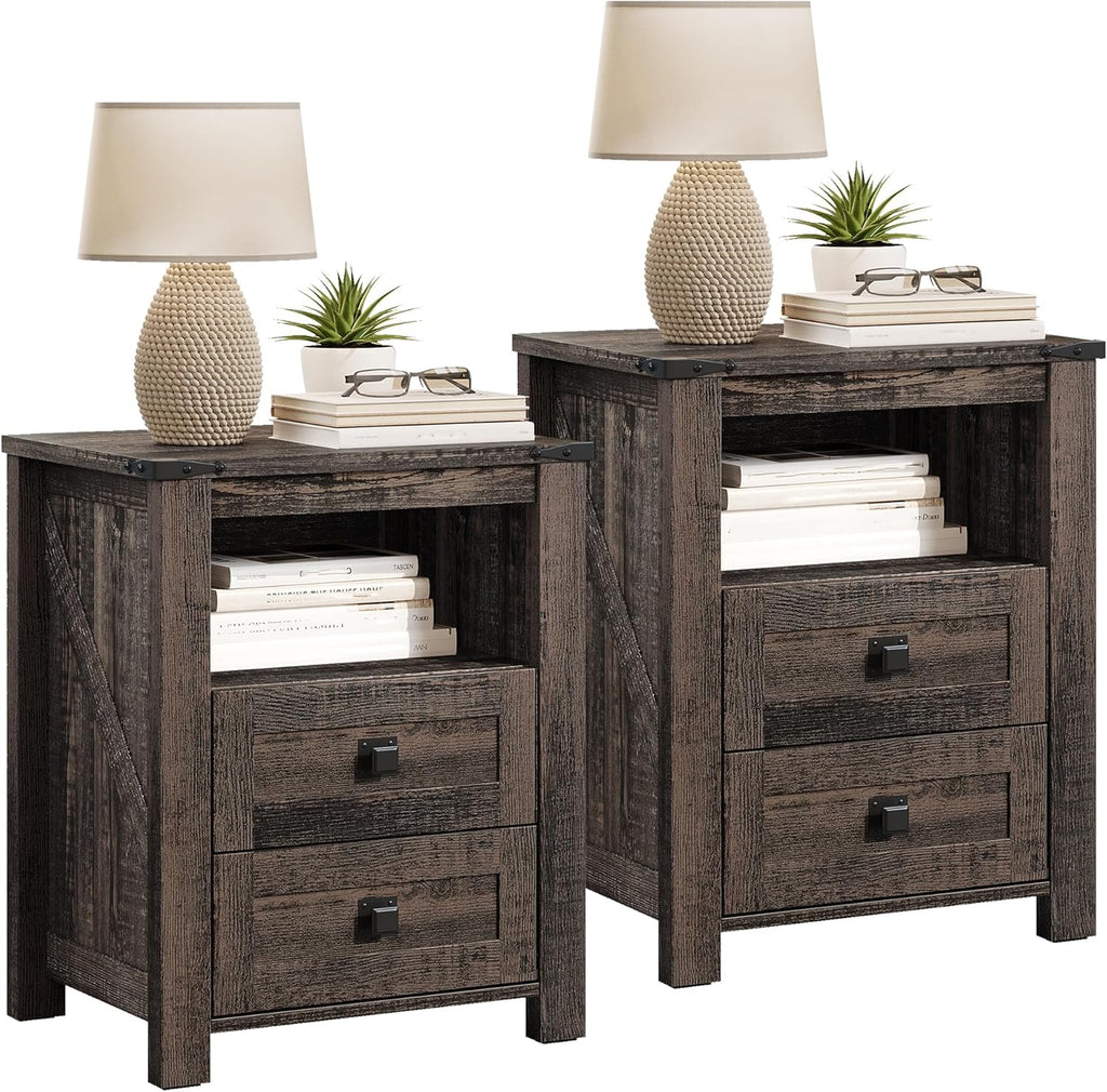 AMERLIFE Farmhouse Nightstand Set of 2, Wooden Side Table with Drawers & Open Shelf, Narrow/Small Bedside End Table, Wood Night Stand for Bedroom/Dorm/Home Office, Rustic Black Oak
