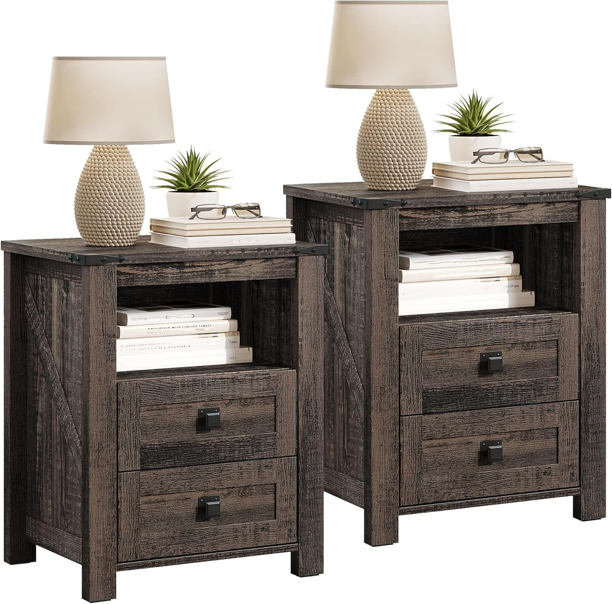 AMERLIFE Farmhouse Nightstand Set of 2, Wooden Side Table with Drawers & Open Shelf, Narrow/Small Bedside End Table, Wood Night Stand for Bedroom/Dorm/Home Office, Rustic Black Oak