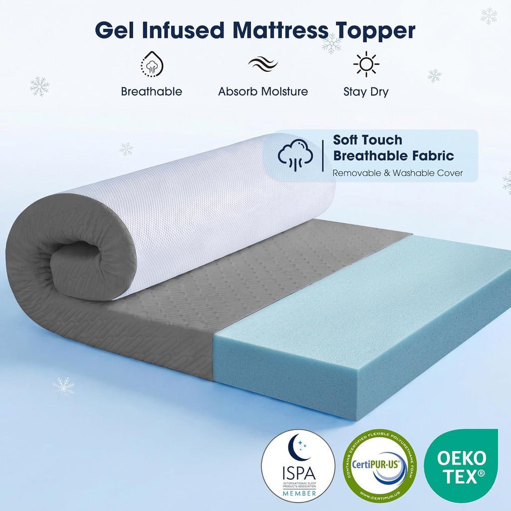 VALUXE 3 Inch Gel Memory Foam Mattress Topper Queen Size High Density Cooling Pad Pressure Relief Bed Topper Grey (with Removable & Washable Bamboo Cover)
