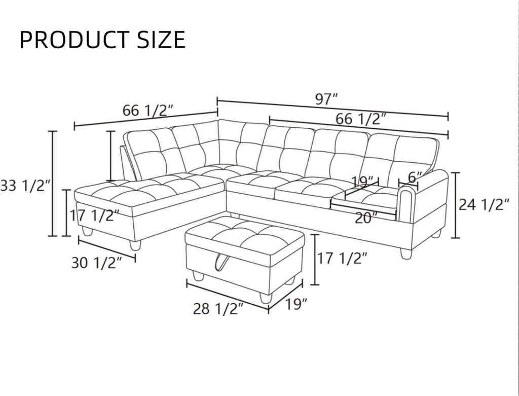 L Shaped Couch Sectional Couches with Chaise and Storage Ottoman, 3 Pieces Modular Convertible Sofa for Living Room Furniture Sets and Small Apartment, Black Grey