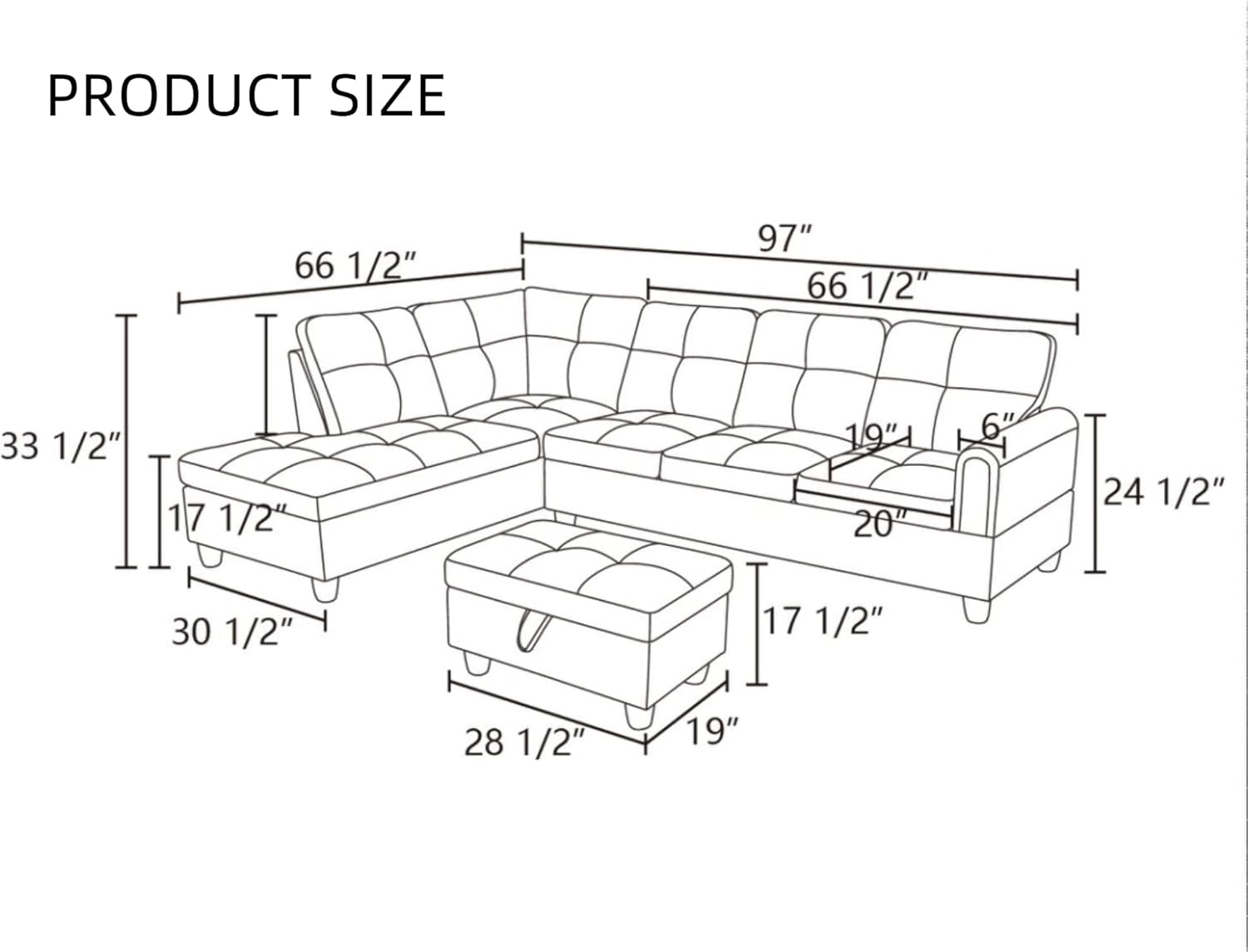 L Shaped Couch Sectional Couches with Chaise and Storage Ottoman, 3 Pieces Modular Convertible Sofa for Living Room Furniture Sets and Small Apartment, Black Grey