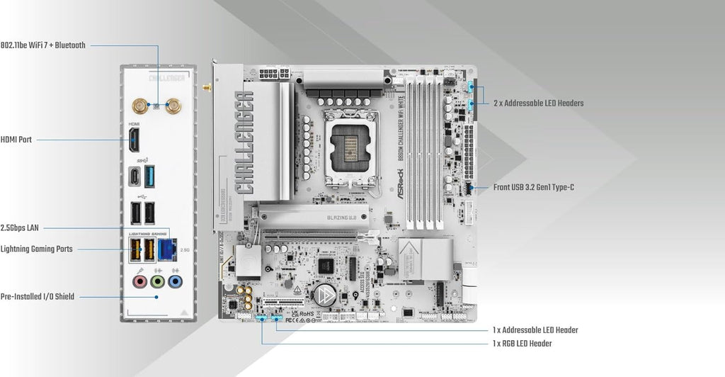 ASRock B860M Challenger WiFi White mATX Motherboard, Intel Core Ultra (Series 2), DDR5 8666+ (OC), PCIe 5.0, 2.5G LAN, WiFi 7, Dr.MOS