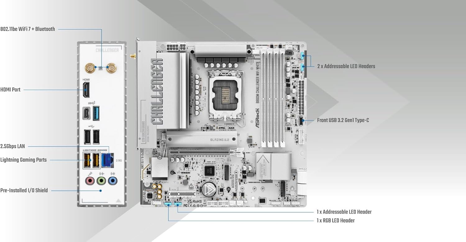 ASRock B860M Challenger WiFi White mATX Motherboard, Intel Core Ultra (Series 2), DDR5 8666+ (OC), PCIe 5.0, 2.5G LAN, WiFi 7, Dr.MOS