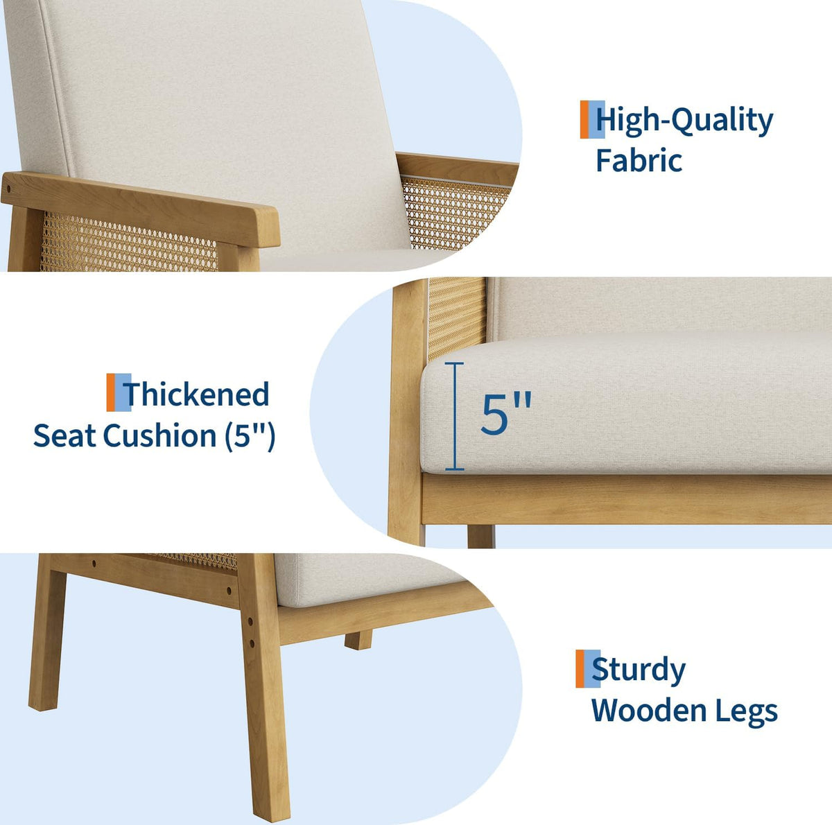 IDEALHOUSE Rattan Accent Chair, Linen Armchair, Upholstered Reading Chair with Wooden Frame and High Back, Leisure Chairs for Living Room Bedroom Waiting Room Reception, Beige