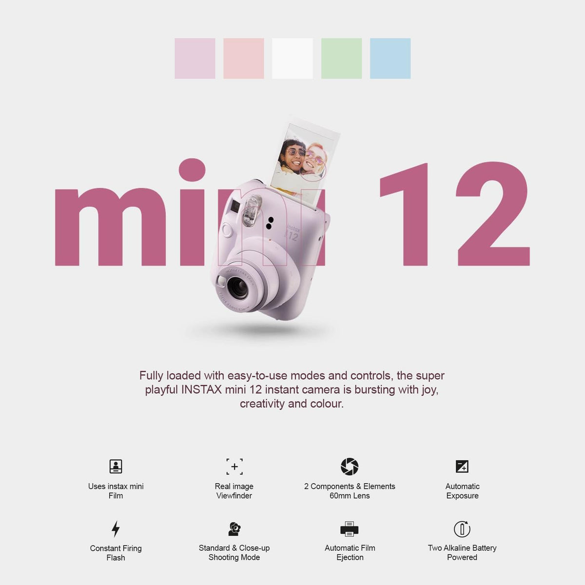 Fujifilm Instax Mini 12 Instant Camera + MiniMate Accessory Bundle & Compatible Custom Case + Fuji Instax Film Value Pack (50 Sheets) Flamingo Designer Photo Album (Blossom Pink)