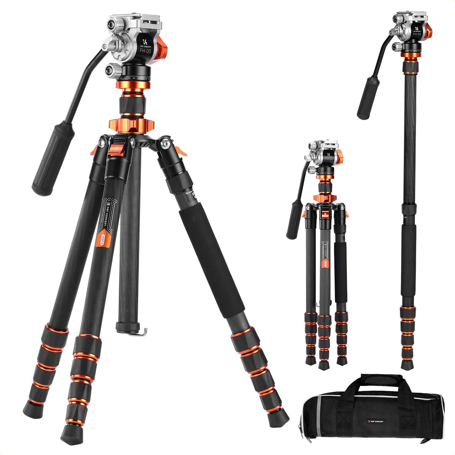K&F CONCEPT Tripod for Camera .68'' Carbon Fiber Tripod with Fluid Head Max Load 11lb, Lightweight DSLR Camera Tripods & Monopods for Canon Sony Nikon.