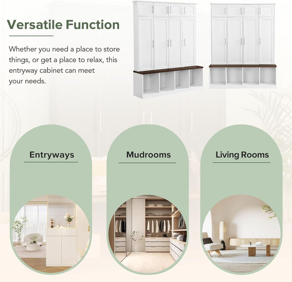 Versatile Hall Tree with 4 Hanging Hooks and Brown Wood Grain Bench,Entryway Cabinet with Open Compartments,for Hallway Entrance Mudroom Living Room (White#Storage)